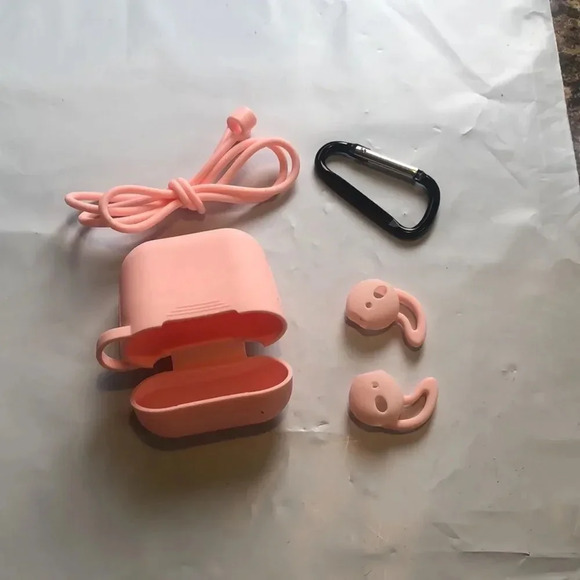 AirPods 1/2 Case Cover Pink Full Protective Kit Lanyard Carabiner Ear Hooks - Picture 4 of 4